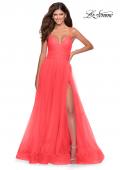 Picture of: Long Tulle A-line Gown with Side Slit and Pockets in Hot Coral, Style: 28561, Style: 28561