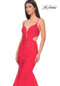 Picture of: Lace and Tulle Mermaid Gown with Side Cut Outs in Hot Coral, Style: 31133, Detail Picture 9