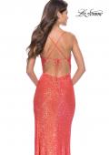Picture of: Sequin Prom Dress with Ruching and Open Tie Back in Hot Coral, Style: 31349, Detail Picture 9