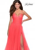 Picture of: Long Tulle A-line Gown with Side Slit and Pockets in Hot Coral, Style: 28561, Style: 28561