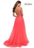 Picture of: Long Tulle A-line Gown with Side Slit and Pockets in Hot Coral, Style: 28561, Style: 28561