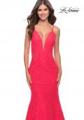 Picture of: Long Mermaid Lace Dress with Back Rhinestone Detail in Hot Coral, Style: 31512, Detail Picture 16