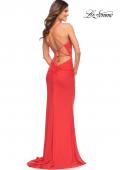 Picture of: Chic Long Net Jersey Dress with Lace Up Back in Hot Coral in Hot Coral, Style: 30680, Back Picture