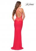 Picture of: Hot Coral Prom Dress with Illusion Lace Sides and Ruching, Style: 30695, Back Picture