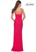 Picture of: Long Ruched Jersey Gown with V Neckline in Neon in Hot Coral, Style: 31224, Back Picture