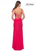 Picture of: Elegant Jersey Dress with Ruching and Square Neckline in Neon in Hot Coral, Style: 31329, Back Picture