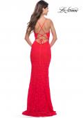 Picture of: Fitted Stretch Lace Prom Dress with Banded Waist in Neon in Hot Coral, Style: 31417, Back Picture