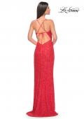 Picture of: Simple Stretch Sequin Gown with High Circle Slit in Bright Colors in Hot Coral, Style: 31432, Back Picture