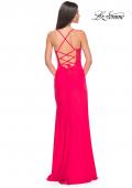 Picture of: Sheer Lace Side Panel Jersey Long Dress in Hot Coral in Hot Coral, Style: 31440, Back Picture