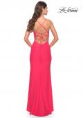 Picture of: Long Prom Dress in Luxurious Jersey with Slit in Hot Coral in Hot Coral, Style: 31504, Back Picture