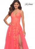 Picture of: Tulle Prom Dress with Lace Detail in Hot Coral in Orange, Style: 30637, Detail Picture 1
