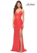 Picture of: Chic Long Net Jersey Dress with Lace Up Back in Hot Coral in Hot Coral, Style: 30680, Detail Picture 1