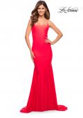 Picture of: Chic Luxe Jersey Gown with Train and V Back in Bright Colors in Hot Coral, Style: 30682, Detail Picture 1