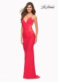 Picture of: Hot Coral Prom Dress with Illusion Lace Sides and Ruching, Style: 30695, Detail Picture 1