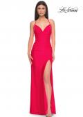 Picture of: Ruched Jersey Prom Dress with Slit in Hot Coral, Style: 31131, Detail Picture 1