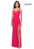 Picture of: Long Ruched Jersey Gown with V Neckline in Neon in Hot Coral, Style: 31224, Detail Picture 1