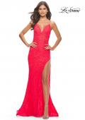Picture of: Rhinestone Lace Embellished Prom Dress with High Side Slit in Bright Colors in Hot Coral, Style: 31404, Detail Picture 1