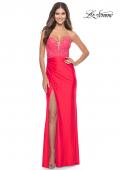 Picture of: Long Dress with Jersey Skirt and Lace Illusion Bodice in Neon in Hot Coral, Style: 31411, Detail Picture 1