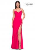 Picture of: Sheer Lace Side Panel Jersey Long Dress in Hot Coral in Hot Coral, Style: 31440, Detail Picture 1