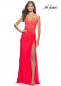 Picture of: Lace Asymmetrical Gown with Jersey Skirt and Twist Knot Detail in Neon in Hot Coral, Style: 31447, Detail Picture 1