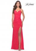 Picture of: Lace Long Dress with Scallop Detail on Skirt Slit in Hot Coral, Style: 31510, Detail Picture 1