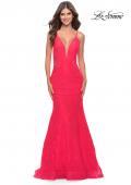 Picture of: Long Mermaid Lace Dress with Back Rhinestone Detail in Hot Coral, Style: 31512, Detail Picture 1