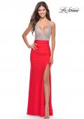 Picture of: Ruched Dress with Rhinestone Sheer Bodice in Hot Coral, Style: 31590, Detail Picture 1