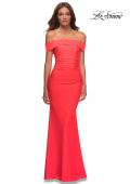 Picture of: Long Off the Shoulder Ruched Neon Jersey Dress in Hot Coral, Style: 30421, Detail Picture 2