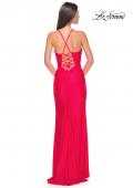 Picture of: Ruched Jersey Prom Dress with Slit in Hot Coral, Style: 31131, Detail Picture 2