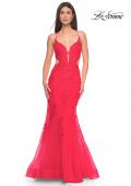 Picture of: Lace and Tulle Mermaid Gown with Side Cut Outs in Hot Coral, Style: 31133, Detail Picture 2