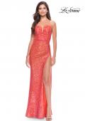 Picture of: Sequin Prom Dress with Ruching and Open Tie Back in Hot Coral, Style: 31349, Detail Picture 2