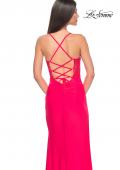 Picture of: Sheer Lace Side Panel Jersey Long Dress in Hot Coral in Hot Coral, Style: 31440, Detail Picture 2