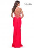 Picture of: Cut Out Long Soft Jersey Dress with Criss Cross Bodice in Neon in Hot Coral, Style: 31442, Style: 31442