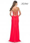 Picture of: Lace Asymmetrical Gown with Jersey Skirt and Twist Knot Detail in Neon in Hot Coral, Style: 31447, Detail Picture 2