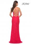 Picture of: Lace Long Dress with Scallop Detail on Skirt Slit in Hot Coral, Style: 31510, Detail Picture 2