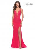 Picture of: Stretch Lace Gown with Slit and Open Keyhole Back in Hot Coral, Style: 29978, Detail Picture 3