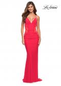 Picture of: Hot Coral Prom Dress with Illusion Lace Sides and Ruching, Style: 30695, Detail Picture 3