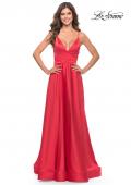 Picture of: A-Line Satin Gown with Ruched Bodice and V Neck in Neon in Hot Coral, Style: 31121, Detail Picture 3