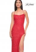 Picture of: Simple Stretch Sequin Gown with High Circle Slit in Bright Colors in Hot Coral, Style: 31432, Detail Picture 3
