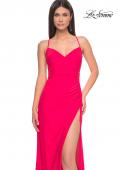 Picture of: Sheer Lace Side Panel Jersey Long Dress in Hot Coral in Hot Coral, Style: 31440, Detail Picture 3
