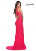 Picture of: Stretch Lace Gown with Slit and Open Keyhole Back in Hot Coral, Style: 29978, Detail Picture 4