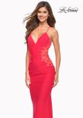 Picture of: Hot Coral Prom Dress with Illusion Lace Sides and Ruching, Style: 30695, Detail Picture 4