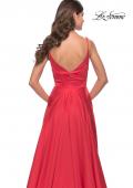 Picture of: A-Line Satin Gown with Ruched Bodice and V Neck in Neon in Hot Coral, Style: 31121, Detail Picture 4