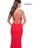 Picture of: Fitted Stretch Lace Prom Dress with Banded Waist in Neon in Hot Coral, Style: 31417, Detail Picture 4