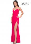 Picture of: Sheer Lace Side Panel Jersey Long Dress in Hot Coral in Hot Coral, Style: 31440, Detail Picture 4