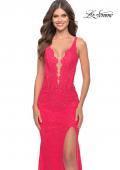 Picture of: Stretch Lace Gown with Slit and Open Keyhole Back in Hot Coral, Style: 29978, Detail Picture 5