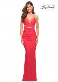 Picture of: Long Jersey Gown with Front and Side Cut Outs in Hot Coral, Style: 30640, Detail Picture 5