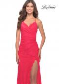 Picture of: Lace Long Dress with Scallop Detail on Skirt Slit in Hot Coral, Style: 31510, Detail Picture 5