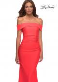 Picture of: Long Off the Shoulder Ruched Neon Jersey Dress in Hot Coral, Style: 30421, Detail Picture 6
