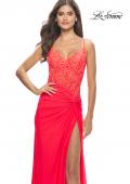 Picture of: Lace Asymmetrical Gown with Jersey Skirt and Twist Knot Detail in Neon in Hot Coral, Style: 31447, Detail Picture 6